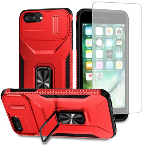 Vavies Handyhülle für iPhone 7 Plus/für iPhone 8 Plus/für iPhone 6 Plus/6S Plus Hülle mit gehärtetem Glas Displayschutz, Schiebe-Kameraabdeckung und Magnetring Schutzhülle für iPhone 8 Plus Rot