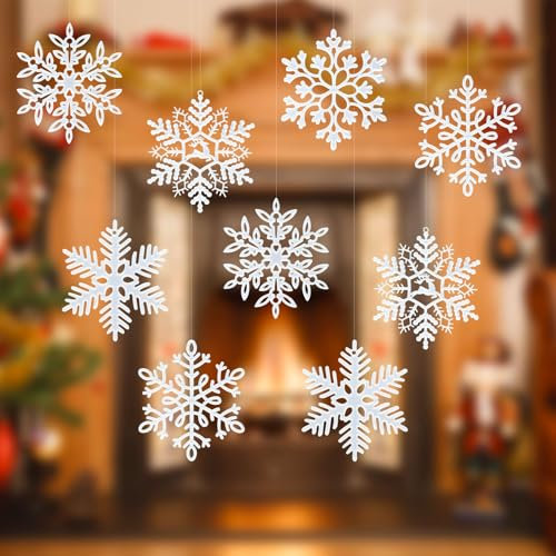 20 Stück Schneeflocken Weihnachtsbaum Deko, Schneeflocken Deko Christbaumschmuck Anhänger, Schneeflocken Hängend Weihnachtsdeko Weiß, mit 8m Seil für Weihnachten Party Baum Deko