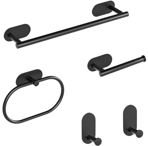 Sarsumir Towel Rail Wall Mounted 5 Pieces Toilet Roll Holder Hand Towel Holders for Bathrooms Kitchen Stainless Steel Towel Rack Self Adhesive Hooks Bath Accessories No Drilling, Dark Black