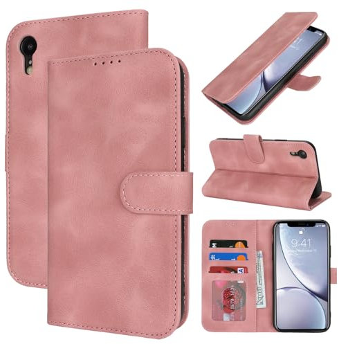 Zouzt Hülle für iPhone XR 6,1-Zoll, Stoßfestes PU Leder Handyhülle Lederhülle Klapphülle mit Kartenhalter und Standfunktion Flip Leather Wallet Phone Cover (Vintage Rose Pink)