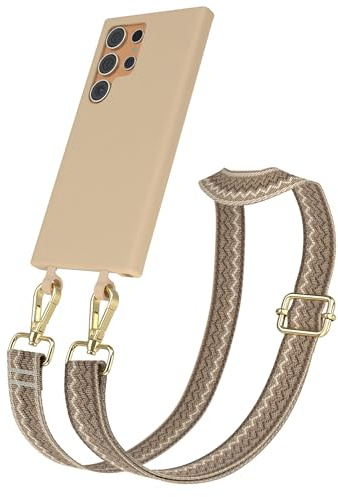 EAZY CASE - Hülle mit Band kompatibel mit Galaxy S24 Ultra Handyhülle für Galaxy S24 Ultra Schutzhülle Silikonhülle Handykette zum Umhängen 2in1 Hülle Handykordel Wellen - Hell Braun Braun Metall Gold