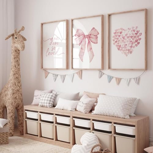 champracer 3er Rosa Poster Set Poster Aesthetic Ästhetisches rosa Herz-Schleifen-Muster Leinwand Wandkunst Mädchen Zimmer Deko Ohne Rahmen (30 * 40cm,B)
