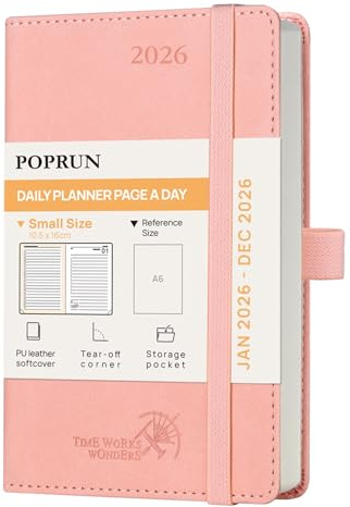 POPRUN Kalender 2026 Tagesplaner Softcover 16 x 10,5 cm, Tageskalender A6 1 Tag 1 Seite (Montag - Sonntag), Terminplaner (Jan.2026-Dez.2026) mit PU-Leder - Rosa