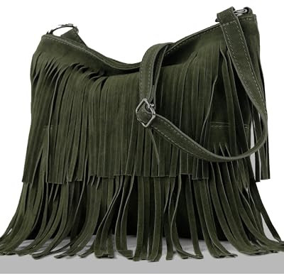modamoda de T125 Damen Leder Wildleder Schultertasche Umhängetasche handmade in Italy, Farbe:Schwarzoliv