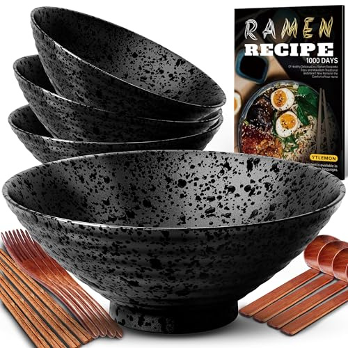 8-Inch Ceramic Ramen Bowl Set of 4 (17 Piece) - Porcelain Japanese Salad Noodles Cereal Fruit Pasta Soup Large Bowls with Recipes Chopsticks Forks Spoons for Men Women Gift Microwave Dishwasher Safe