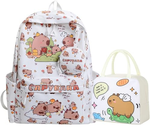CYGMRFH Capybara Schulrucksack Kinder, Schultasche MäDchen Set Mit Lunchtasche Und SchlüSselanhäNger, Niedlicher LäSsiger Kinderrucksack, Geeignet FüR Die Schule, Reisen, Arbeit Und Picknicks (Weiß)