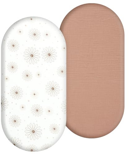 2 Pack Moses Basket Fitted Sheets, Breathable Newborn Pram Sheet, Washable Muslin Bassinet Sheet, Baby Crib Cradle Matress Cover Fit for Oval, Hourglass & Rectangle Boy and Girl(White+Borwn)