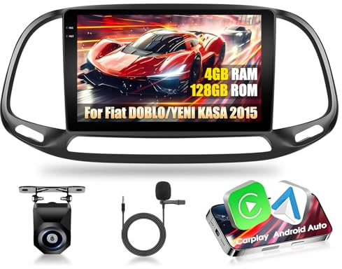 Autoradio 2 DIN Motorsi Android 15 4+128G pour Fiat Doblo/Yeni Kasa 2015, écran Tactile 9 Pouces 1280p HD Incell iOS Carplay, Bluetooth 5.0, GPS, WiFi, 2USB, Caméra de Recul AHD 720p et Micro