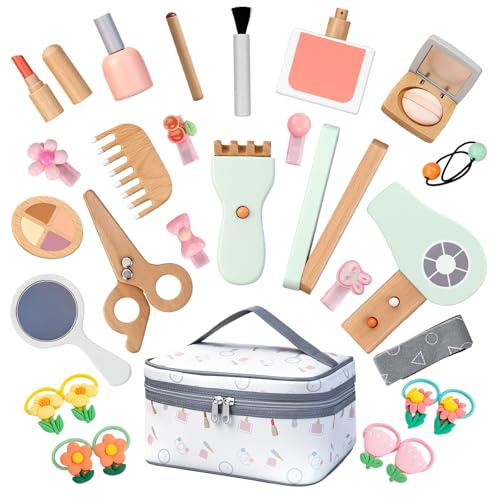 Wooden Make-Up Play Set,Girls Vanity Case,Wooden Children's Make-Up Set Toy,30-Piece Makeup Toy for Role Play, Gift for Christmas,Birthday for Children from 3 4 5 6 Years