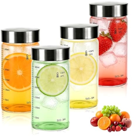 4er Glasflaschen 300ml mit Edelstahl Decke, Smoothie Gläser Sets | Smoothie Flasche mit Messskala Smoothie Becher BPA-frei Saftflaschen luftdicht Wiederverwendbar für Säfte Kaffee Milch