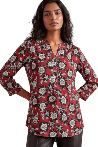 Roman Shirt for Women UK Ladies Top Collarless Blouse Stretchy Tunic Smart Casual Autumn Winter Jersey 3/4 Length Sleeve Notch V Neck Flattering Office Work - Size 14 - Rust Noir