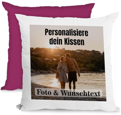 Personalisiertes Kissen 40x40 cm mit Foto & Kissenfüllung – Individuelles Fotokissen mit Bild – Personalisiertes Geschenk für Frauen, Männer & Freundin – Dekokissen & Kuschelkissen, Weiß/Violett
