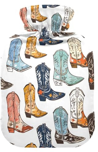 Cowboy Boots Hot Water Bottle with Velvet Cover Hot Water Bag for Pain Relief 1L, Neck Cramps Shoulders Pain Relief, Hot Cold Pack