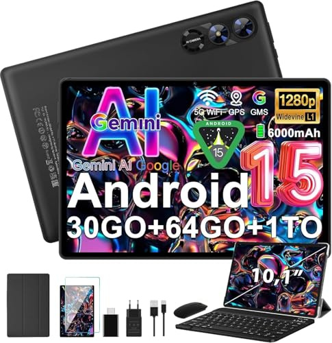 Android 15 Tablette 10 Pouces avec Gemini AI, Octa-Core Tablettes PC, 30 GO RAM+ 64 GO ROM (1TO TF), 3.5mm Audio/ WiFi 6 & BT 5.0 / 6000mAh /GPS/Widevine L1,Tablettes avec Clavier+Souris et Cas-noir