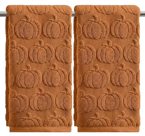 Artoid Mode Caramel Jacquard 3D Kürbisse Herbst 35x75 cm 2er Set Handtücher | Saisonal Fall 100% Baumwolle Weich Saugfähig Badezimmer Dekoration Badetuch