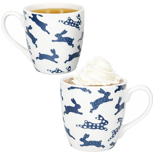 MamboCat 2er Set Jumbobecher Tom I 400 ml, Ø 10,1 cm I weiße Porzellan Kaffeebecher mit blauen Hasen I große Tasse für Kaffee, Cappuccino, Tee & Kakao I Frühling & Ostern