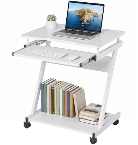 HOMCOM Mesa de Ordenador con Ruedas Estante Inferior 60x48 cm Blanco | Escritorio de Ordenador Moderno, Bandeja Deslizante para Teclado, Marco Metálico en Forma de Z, para Oficina, Estudio