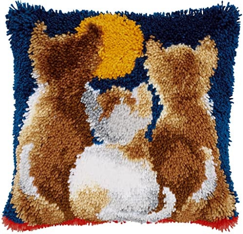 Vervaco Katzen bei Nacht Knüpfkissen mit Knüpfhaken, Baumwolle, Cats at Night, 40 x 40cm