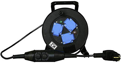 Kopp 144815001 PRCD-S, IP44, 230 VAC, montiert Kabeltrommel-Vollgummi-Winkelstecker mit 2 x Schutzkontaktsystemen, 3 x Schutzkontaktsteckdosen mit Klappdeckel, circa 15 m, Schwarz