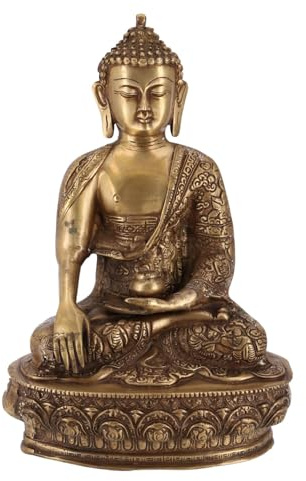 Buddha Statue aus Messing Bhumisparsa Mudra mit Ornamenten, 32 cm, Modell 4 | Symbolisiert Unerschütterlichkeit, kunstvolle Details, ideal für Home Deko.