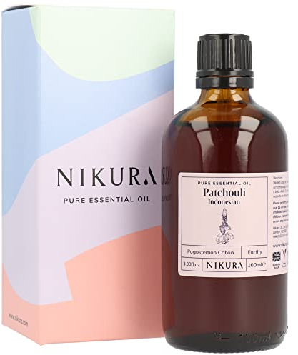 Nikura Patchouli (Indonesian) Essential Oil 100ml | 100% Pure Natural Oils | Perfect for Aromatherapy, Diffusers, Humidifier, Bath | Great for Self Care, Massage, Skin | Vegan & UK Made