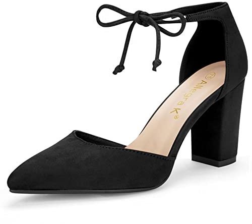 Allegra K Women's Ankle Tie Point Toe Dress Court Shoes Black-Faux Suede 6.5 UK/Label Size 8.5 US