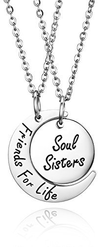 JewelryWe Schmuck 2PCS Freundschaftsketten Beste Freunde/Paare Halskette Edelstahl Friends for Like Soul Sisters Gravur Mond Runde Anhänger Kette Silber