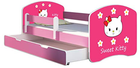 Kinderbett Jugendbett mit einer Schublade und Matratze Rausfallschutz Rosa 70 x 140 80 x 160 80 x 180 ACMA II (16 Sweet Kitty 2, 80 x 180 cm mit Bettkasten)