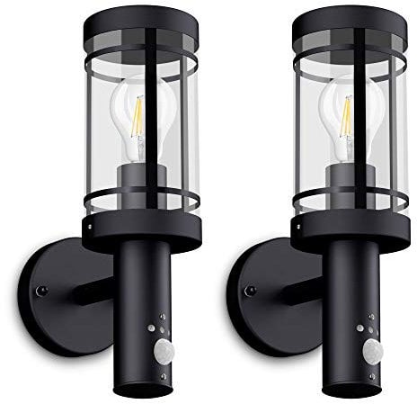 SSC-LUXon 2 Stück LED Wandleuchte MOVI - Laterne mit Bewegungsmelder für Außen IP44 in schwarz inkl. LED E27 6W warmweiß