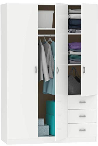 MUEBLES PITARCH | Armario Dormitorio Ropero 3 Puertas 3 Cajones, Blanco, 180x74x50 cm(Alto x Ancho x Fondo), Mueble Auxiliar Moderno, Colección Tibet