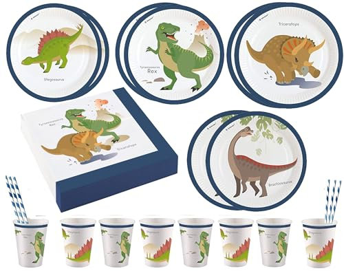 Libetui 44 Teile Geschirrset Dino Geschirr Party Kindergeburtstag Dinosaurier Teller Becher Servietten Dinosauri Geburtstag Kindergeburtstag Partygeschirr Pappgeschirr für 8 Kinder