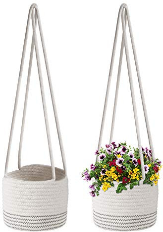 Flexzion Hängepflanzenkorb (2 Stück) Baumwollseilkorb für den Innenbereich, Pflanztopf (bis zu 17.8 cm Blumentopf), Makramee-gewebter Organizer, Mülleimer, 50.8 cm langes Seil zum Aufhängen, Weiß