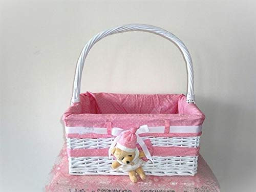 Cesta in vimini con orsetto e manico rosa 41 x 41 cm