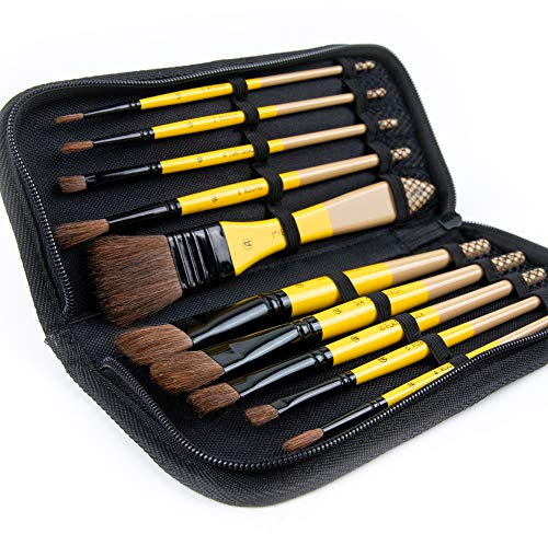 Lot de 10 pinceaux ARTIFY avec étui de Transport, Poils de CRIN Naturel pour Huile, Aquarelle et Gouache, pour Enfants et Adultes, débutant et Professionnel