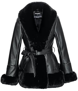 GRAN ORIENTE Damen Kunstlederjacke mit Kunstfellkragen, Winterjacke mit langen Ärmeln, Pelzbesatz, Schößchen, Parka, Mantel mit Gürtel, Schwarz, M