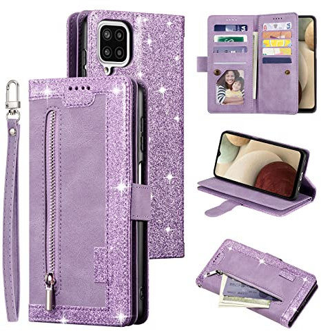 UEEBAI Hülle für Samsung Galaxy A12 5G/M12 5G, Vintage Reißverschluss Handyhülle PU Handytasche Bumper mit 9 Kartenfächer Standfunktion Geldbörse Trageband Schutzhülle Flip Wallet Case - Lila