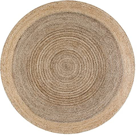 Ripaz Vogue Jute Teppich Wendbar Handgewebt Grau Mit Beige Bordüre Rund Bauernhaus Outdoor Wohnzimmer (150 x 150 cm, 5 Fuß Rund)