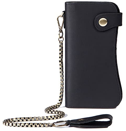 Karoukee Portefeuille à Chaîne Long à Deux Volets en Cuir Véritable Antivol pour Homme, Pince à Billets Vintage, Blocage RFID Porte-Cartes de Crédit, 14 Fentes pour Cartes, Poche à Monnaie Zippée
