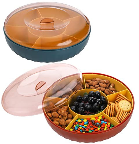 SOUJOY 2 Pack Divided Serving Tray with Lid, 6 Compartment Appetizer Tray, 10'' Round Reusable Snack Containers, Party Platter for Candy, Appetizer, Snack, Fruit, Veggie, Parties
