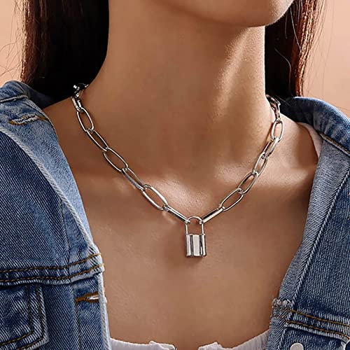 TseenYi Schloss Halskette - Punk Klobige Kette Silber Vorhängeschloss Vintage Schmuck Für Frauen Und Mädchen Geschenke