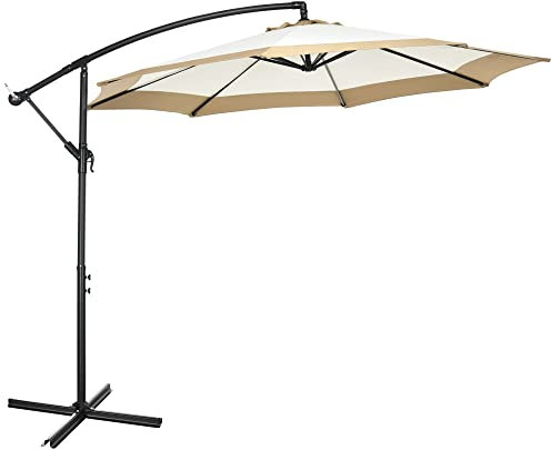 Outsunny Ombrellone da Giardino Ø3x2 m con Base a Croce, Apertura a Manovella e Presa d'Aria, Ombrellone Decentrato da Terrazza in Metallo e Poliestere, Marrone Chiaro