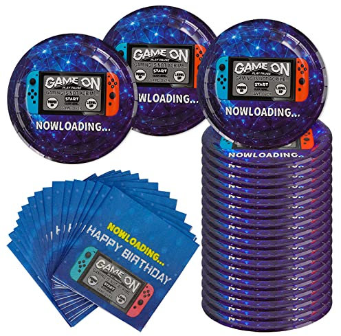 AINIUNIU Forniture per Feste per Videogiochi, 40 pcs Stoviglie a Tema Videogiochi, Inclusi Piatti, Tovaglioli, Decorazione per Feste di Compleanno a Tema Gioco per Ragazzi e Giocatori