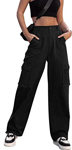 Dordanity Y2K Cargohose für Damen Baggy Hosen High Waist Wanderhose Baumwolle Arbeitshose mit Multi Taschen(Schwarz,XL)
