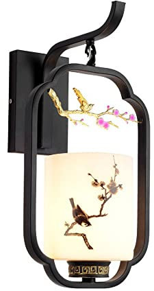 Klobvtt applique da parete in stile cinese applique da parete lanterna tradizionale orientale, applique da parete in metallo nero apparecchio di illuminazione con vetro bianco per soggiorno ristorante