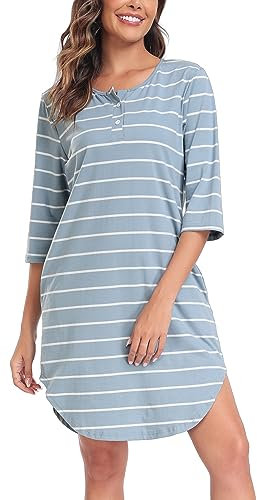 Vlazom Women’s Nightdresses Soft Cotton Stripe Nightshirt 3/4 Sleeve Sleep Dress Sleepwear with Pockets,Light Blue,L