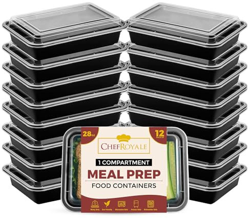 CHEF ROYALE Pack of 12, 1 Compartment Meal Prep Containers - 28oz BPA Free Reusable Storage Containers with Airtight Lids - Microwave, Freezer, and Dishwasher Safe - Stackable Lunch Boxes (12 Pack)