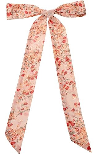 Elerevyo Damen-Chiffon-Schal mit Blumenmuster, quadratischer Halstuch, schmales langes Haarband, Langes helles Rot, 180x5cm/70.9x2.0 inches(LxW)