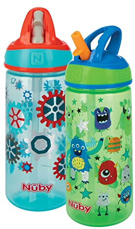 Nuby 2 Pack Iridescent PP Flip-it Kids On-The-Go Printed Water Bottle with Bite Proof Hard Straw - 18oz / 540 ml, 18+ Months, 2 pk, Robot & Friendly Monster Print