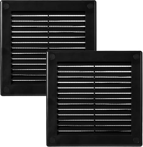 Vent Systems Lot de 2 grilles d'aération noires - 250 x 250 mm - Fentes d'aération plates et carrées - Protection contre les insectes intégrée - Ouvertures d'aération CVC pour salle de bain, bureau à