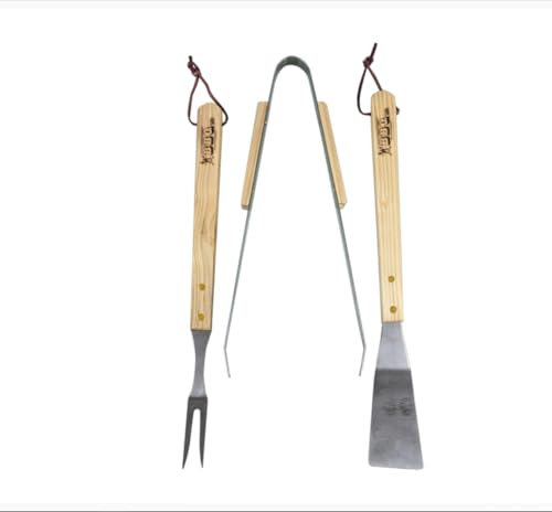 Set 3pz Attrezzi Utensili per Barbecue BBQ Indispensabili per Cottura su Griglia e Graticola Resistenti al Calore in Acciaio Inox e Manico in Legno Pinza Paletta Forchettone per Grigliate all'Aperto